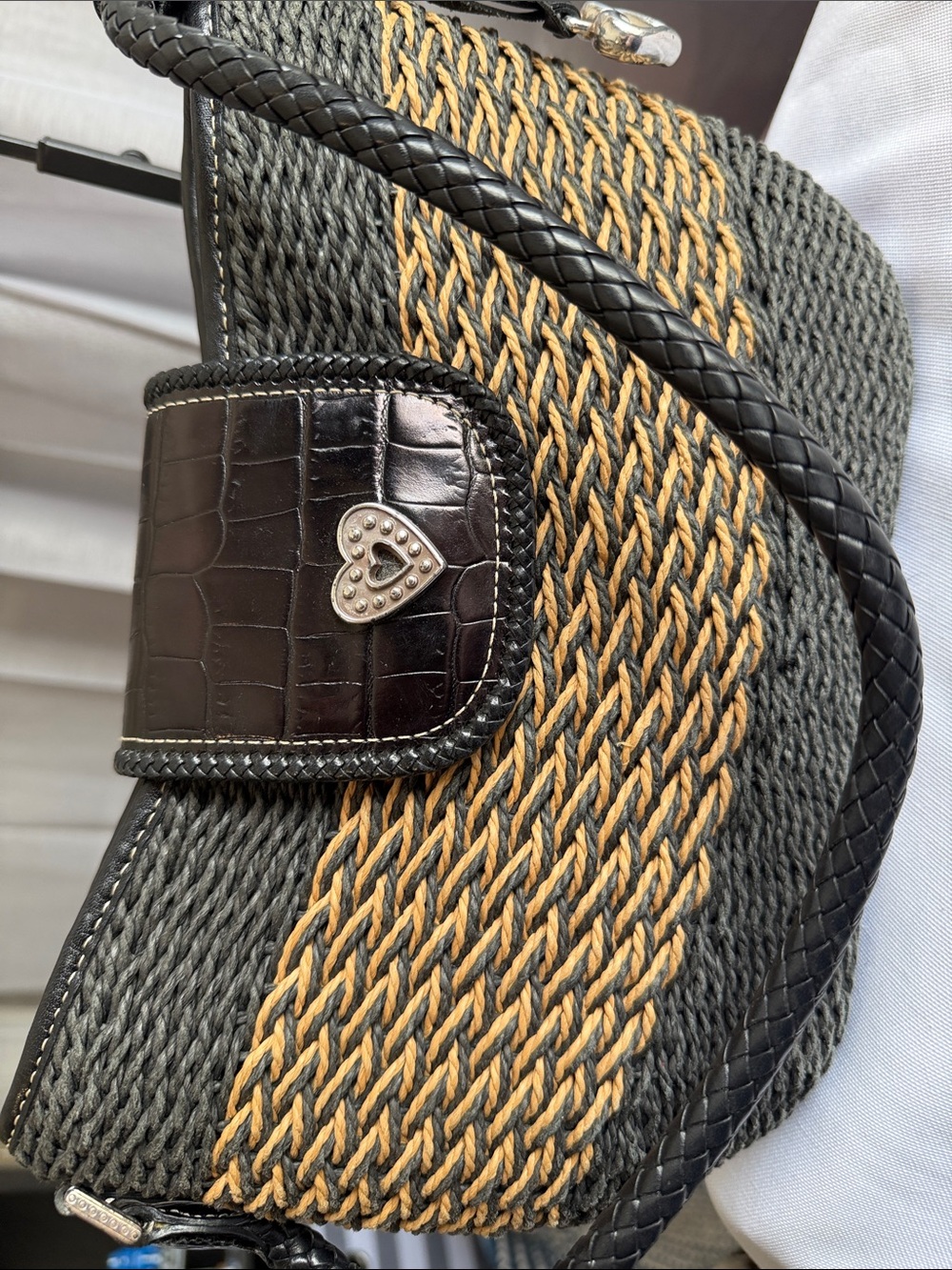 Brighton Black and Natural Braided Straw Shoulder Bag with Heart Charm - Picture 10 of 11